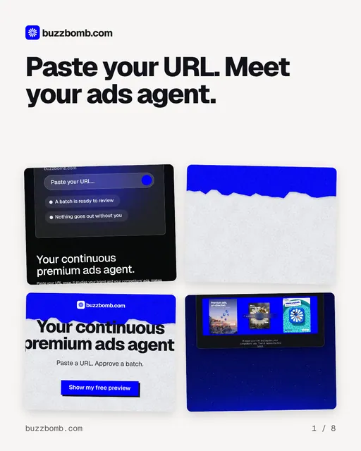 Carousel for BuzzBomb: "Paste your URL. Meet your ads agent.". Collection carousel, 8 slides, light palette.