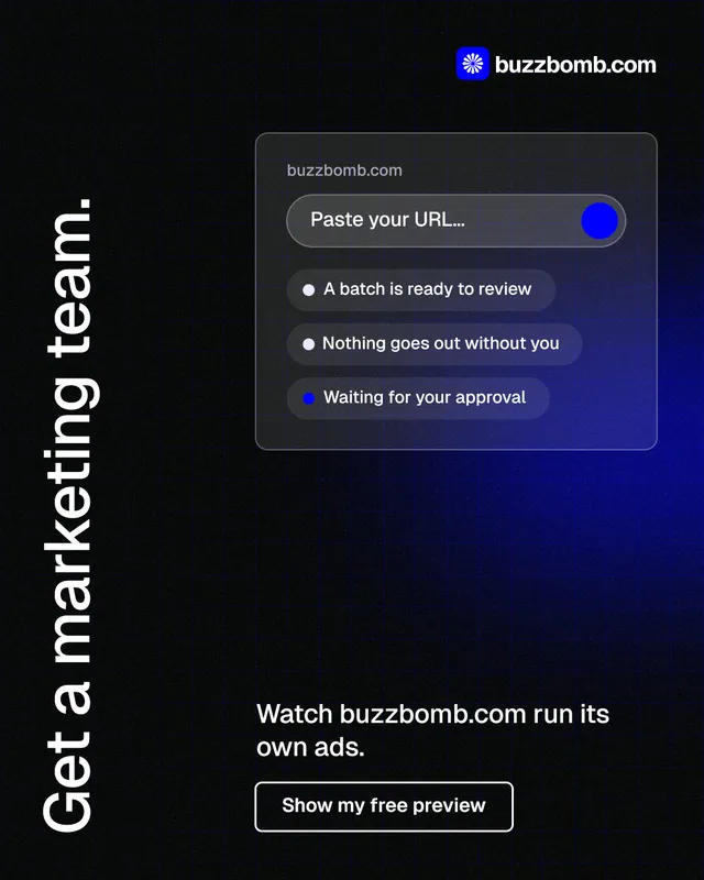 Instagram portrait post for BuzzBomb: "Get a marketing team." Phosphor atlas style, vertical layout, dark palette in black, blue, grey.