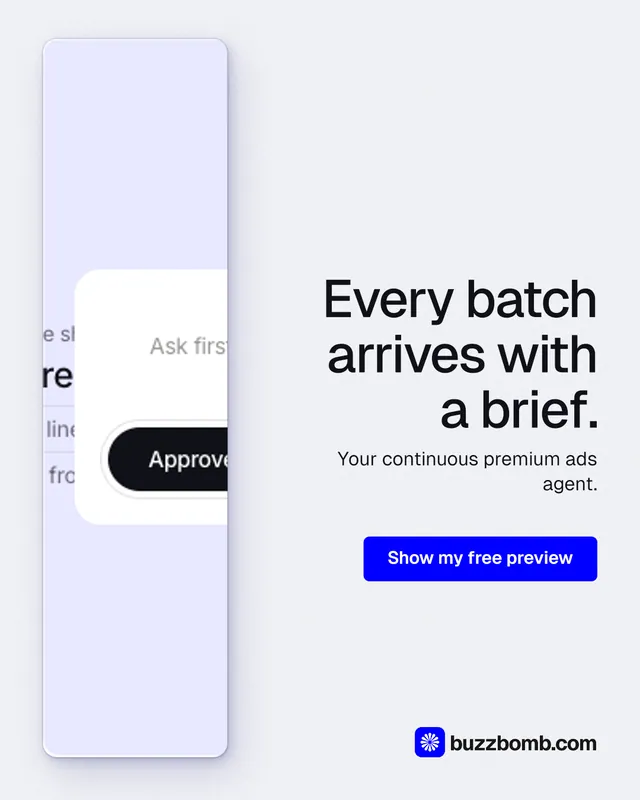 Instagram portrait post for BuzzBomb: "Every batch arrives with a brief." Data card style, right layout, light palette in white, blue.