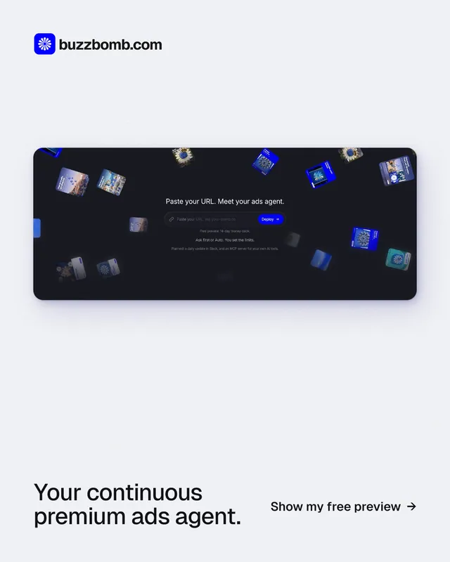 Instagram portrait post for BuzzBomb: "Your continuous premium ads agent." Swiss style, image led layout, light palette in white, grey.