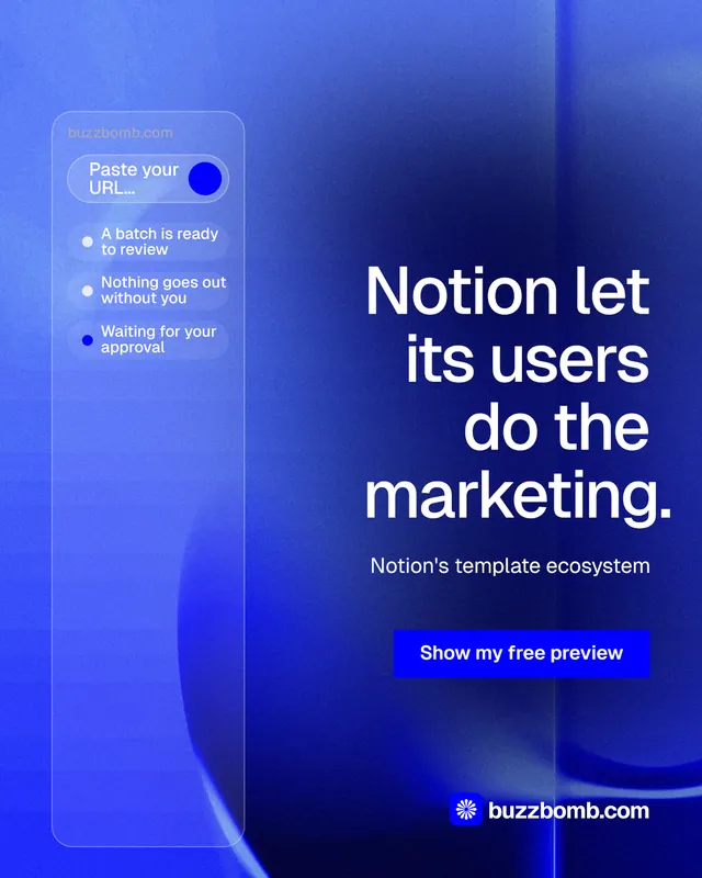 Instagram portrait post for BuzzBomb: "Notion let its users do the marketing." Swiss style, right layout, dark palette in blue.