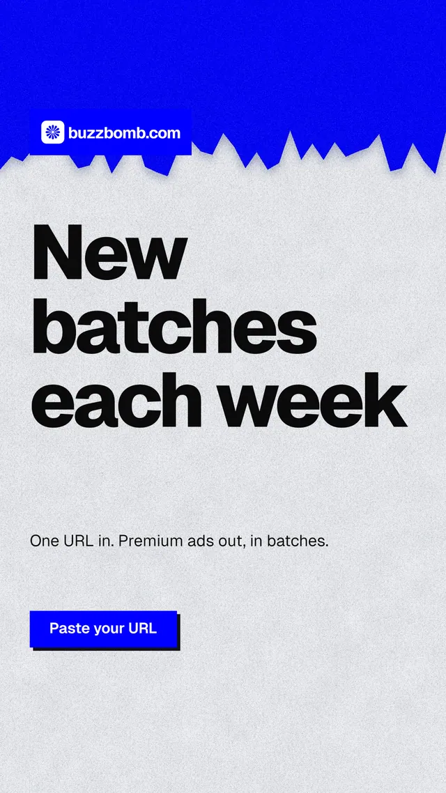 Instagram story for BuzzBomb: "New batches each week". Paper trio style, announce layout, light palette in white, blue, grey.