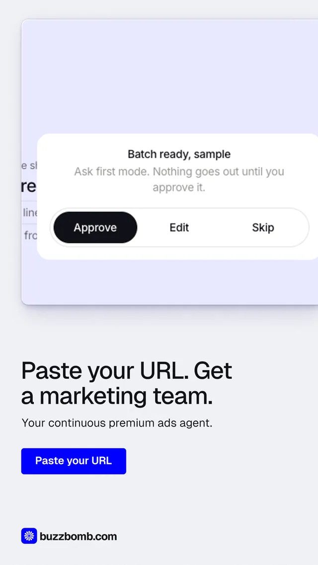 Instagram story for BuzzBomb: "Paste your URL. Get a marketing team." Data card style, bottom layout, light palette in white, blue.