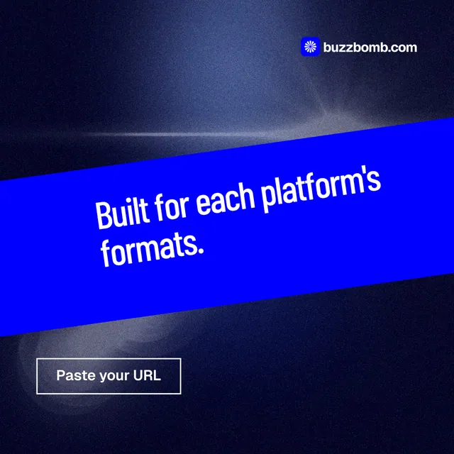 Instagram post for BuzzBomb: "Built for each platform's formats." Dark deco style, diagonal layout, dark palette in black, blue.