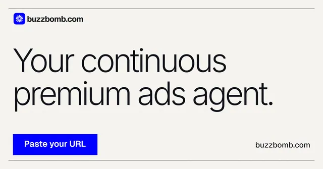 Social ad for BuzzBomb: "Your continuous premium ads agent." Swiss style, poster layout, light palette in white, blue.