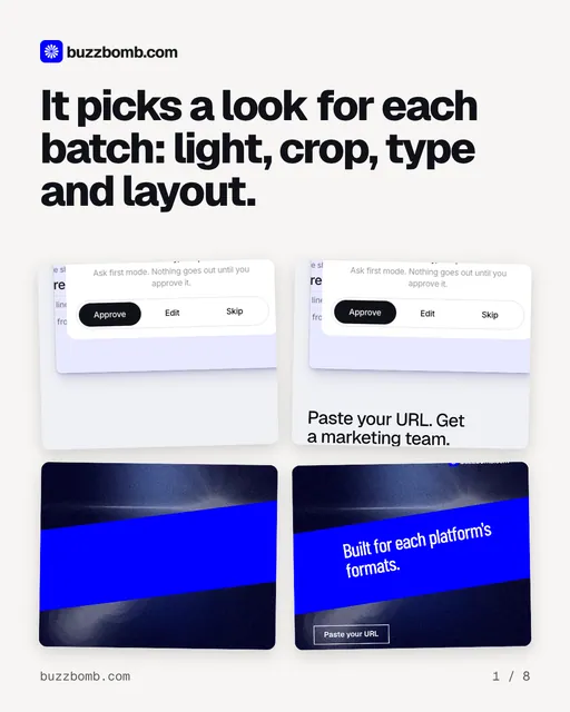 Carousel for BuzzBomb: "It picks a look for each batch: light, crop, type and layout.". Collection carousel, 8 slides, light palette.