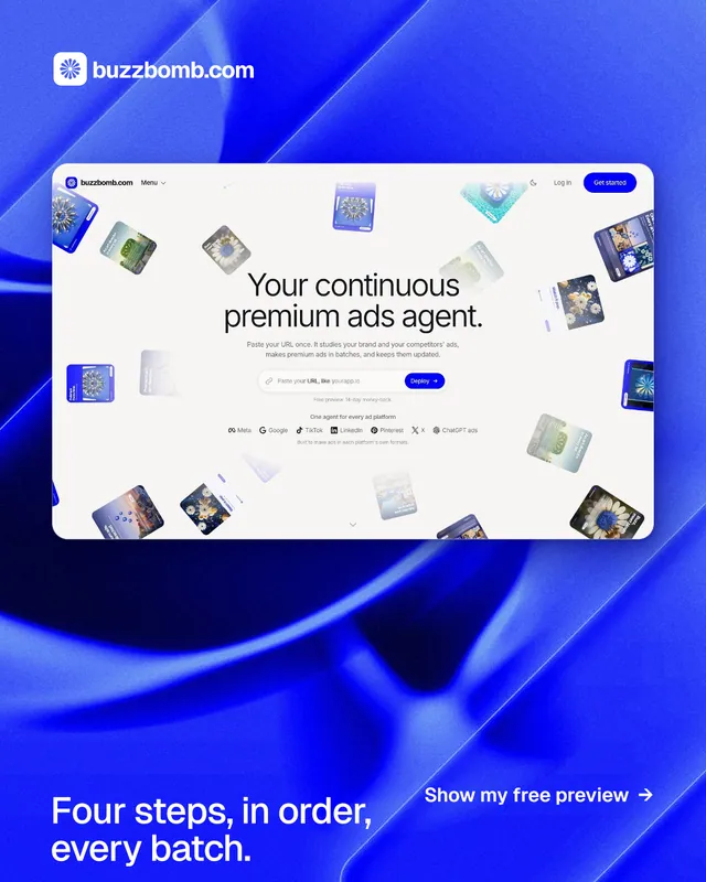 Instagram portrait post for BuzzBomb: "Four steps, in order, every batch." Swiss style, image led layout, light palette in white, blue.