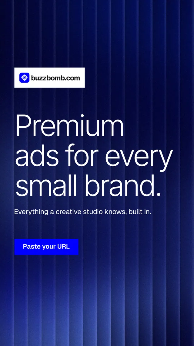 Instagram story for BuzzBomb: "Premium ads for every small brand." Swiss style, announce layout, dark palette in blue.