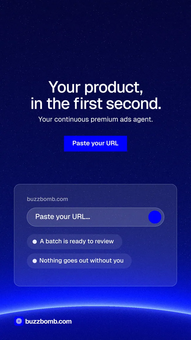 Instagram story for BuzzBomb: "Your product, in the first second." Swiss style, centred layout, dark palette in blue.