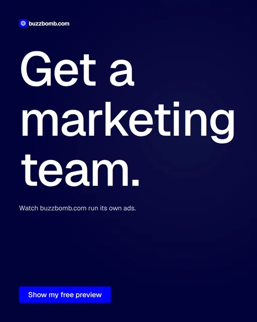 Video for BuzzBomb: "Get a marketing team.". Doc motion loop, 7.0 s, dark palette.