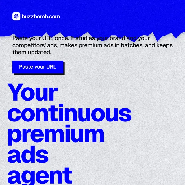 Instagram post for BuzzBomb: "Your continuous premium ads agent." Paper trio style, oversized layout, light palette in white, blue.