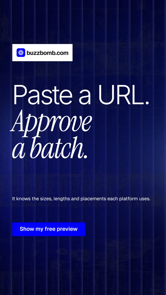 Instagram story for BuzzBomb: "Paste a URL. Approve a batch." Swiss style, announce layout, dark palette in black, blue, grey.