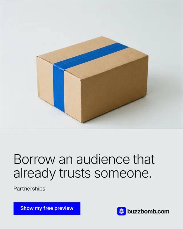 Instagram portrait post for BuzzBomb: "Borrow an audience that already trusts someone." Swiss style, bottom layout, light palette in white, grey.