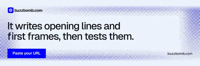 X header for BuzzBomb: "It writes opening lines and first frames, then tests them." Swiss style, poster layout, light palette in white, blue.
