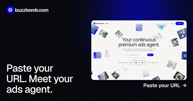 Social ad for BuzzBomb: "Paste your URL. Meet your ads agent." Phosphor atlas style, image led layout, dark palette in black, white, grey.