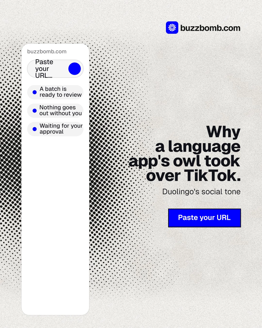 Instagram portrait post for BuzzBomb: "Why a language app's owl took over TikTok." Ink sticker style, right layout, light palette in white, grey.