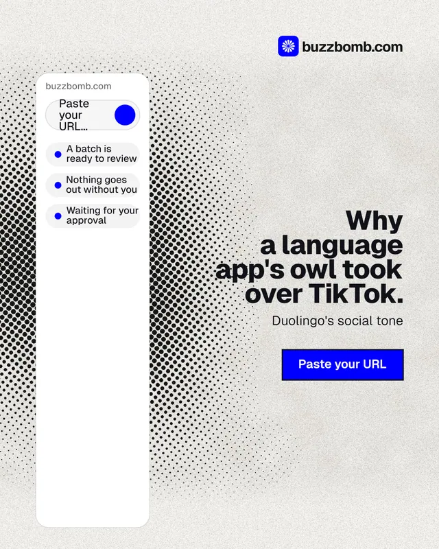 Instagram portrait post for BuzzBomb: "Why a language app's owl took over TikTok." Ink sticker style, right layout, light palette in white, grey.