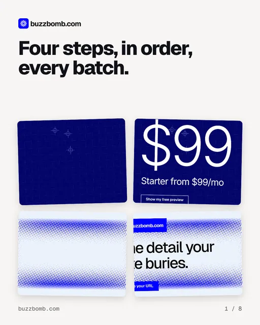 Carousel for BuzzBomb: "Four steps, in order, every batch.". Collection carousel, 8 slides, light palette.