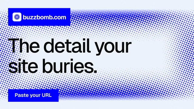 Landscape graphic for BuzzBomb: "The detail your site buries." Swiss style, announce layout, light palette in blue, white.