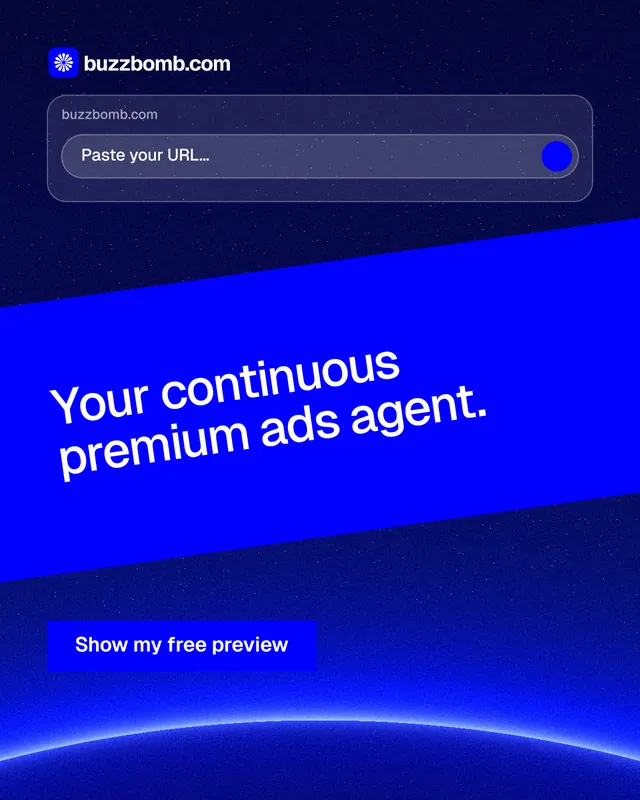 Instagram portrait post for BuzzBomb: "Your continuous premium ads agent." Swiss style, diagonal layout, dark palette in blue.