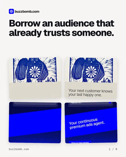 Carousel for BuzzBomb: "Borrow an audience that already trusts someone.". Collection carousel, 8 slides, light palette.