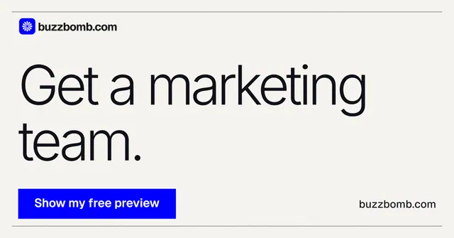 Social ad for BuzzBomb: "Get a marketing team." Swiss style, poster layout, light palette in white, blue.
