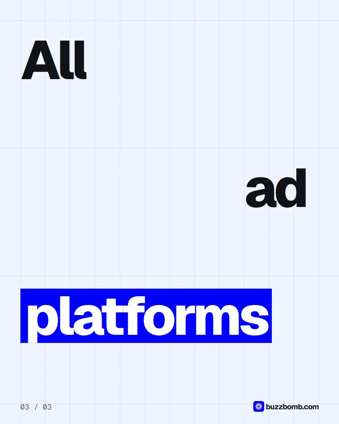 Video for BuzzBomb: "It writes opening lines and first frames, then tests them.". Kinetic type grid, 6.0 s, light palette.
