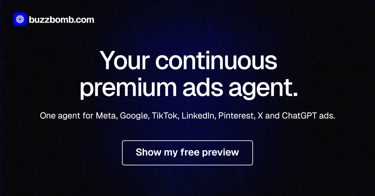 Social ad for BuzzBomb: "Your continuous premium ads agent." Phosphor atlas style, centred layout, dark palette in black, grey.