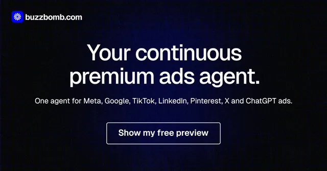 Social ad for BuzzBomb: "Your continuous premium ads agent." Phosphor atlas style, centred layout, dark palette in black, grey.