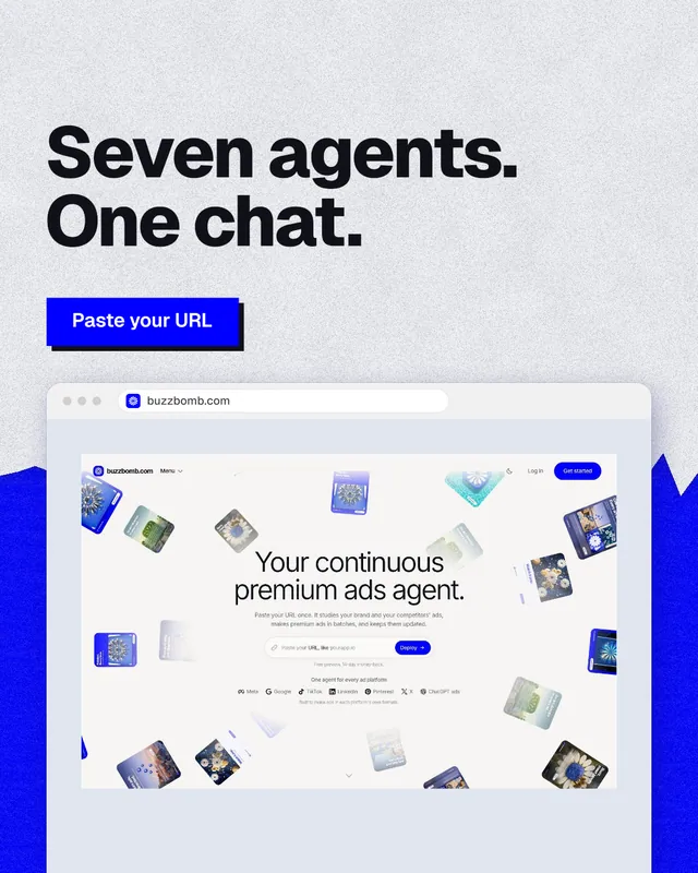 Instagram portrait post for BuzzBomb: "Seven agents. One chat." Paper trio style, browser layout, light palette in blue, white.