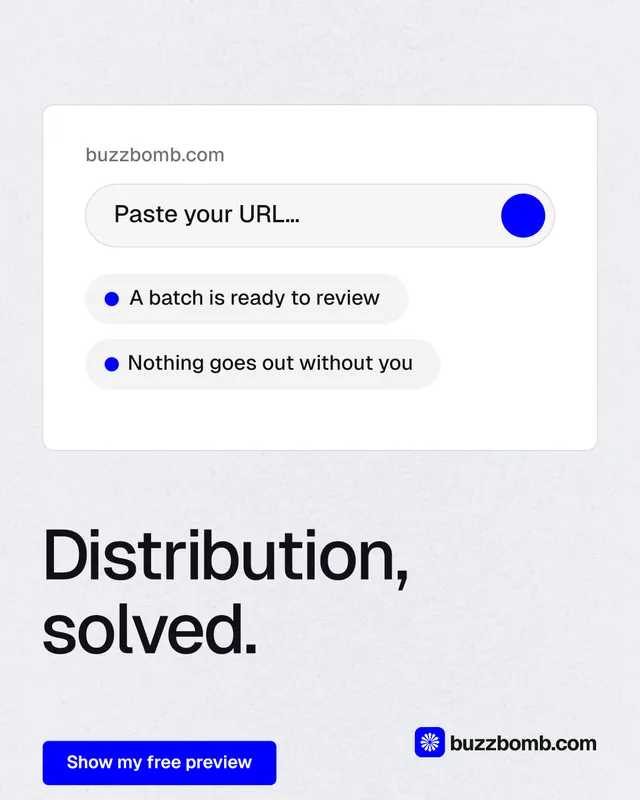 Instagram portrait post for BuzzBomb: "Distribution, solved." Data card style, bottom layout, light palette in white, blue.