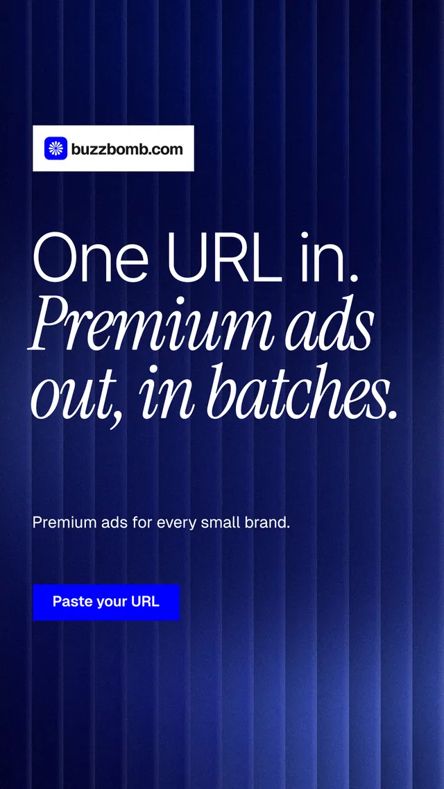 Instagram story for BuzzBomb: "One URL in. Premium ads out, in batches." Swiss style, announce layout, dark palette in blue.
