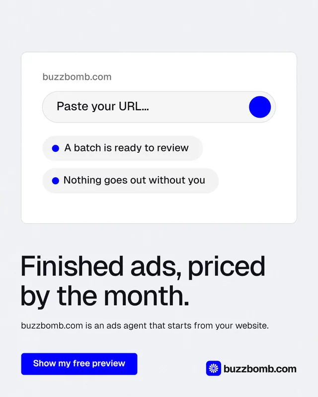 Instagram portrait post for BuzzBomb: "Finished ads, priced by the month." Data card style, bottom layout, light palette in white, blue.