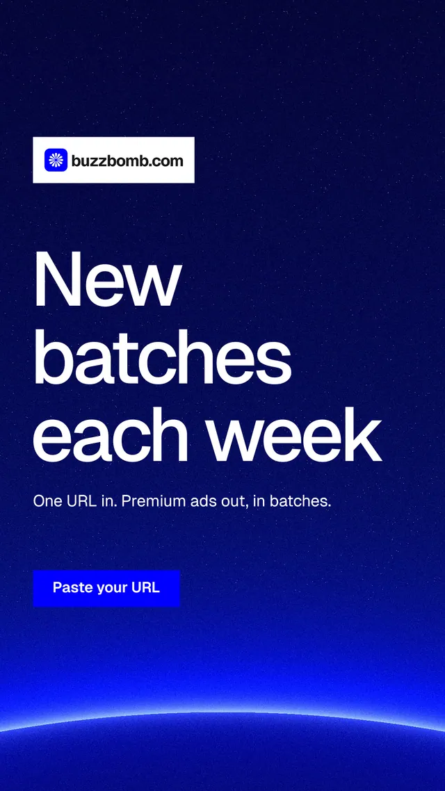 Instagram story for BuzzBomb: "New batches each week". Swiss style, announce layout, dark palette in blue.