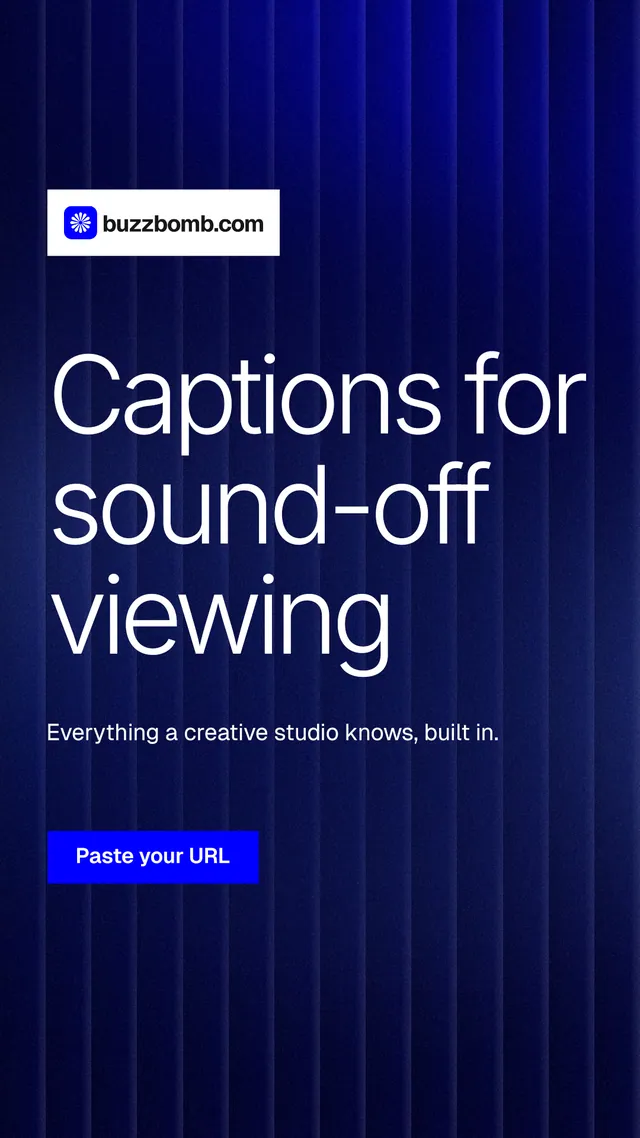 Instagram story for BuzzBomb: "Captions for sound-off viewing". Swiss style, announce layout, dark palette in blue, black, grey.