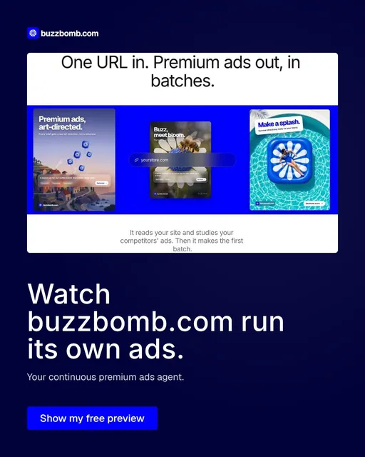 Video for BuzzBomb: "Watch buzzbomb.com run its own ads.". Doc motion loop, 8.0 s, dark palette.