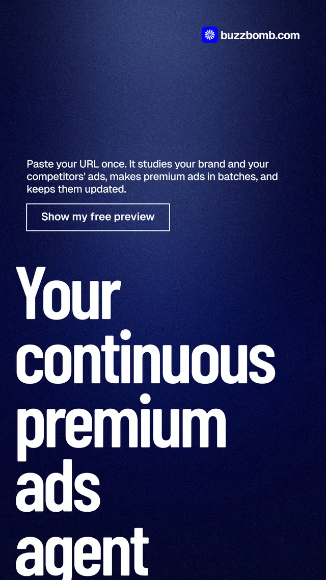 Instagram story for BuzzBomb: "Your continuous premium ads agent." Dark deco style, oversized layout, dark palette in blue, black, grey.
