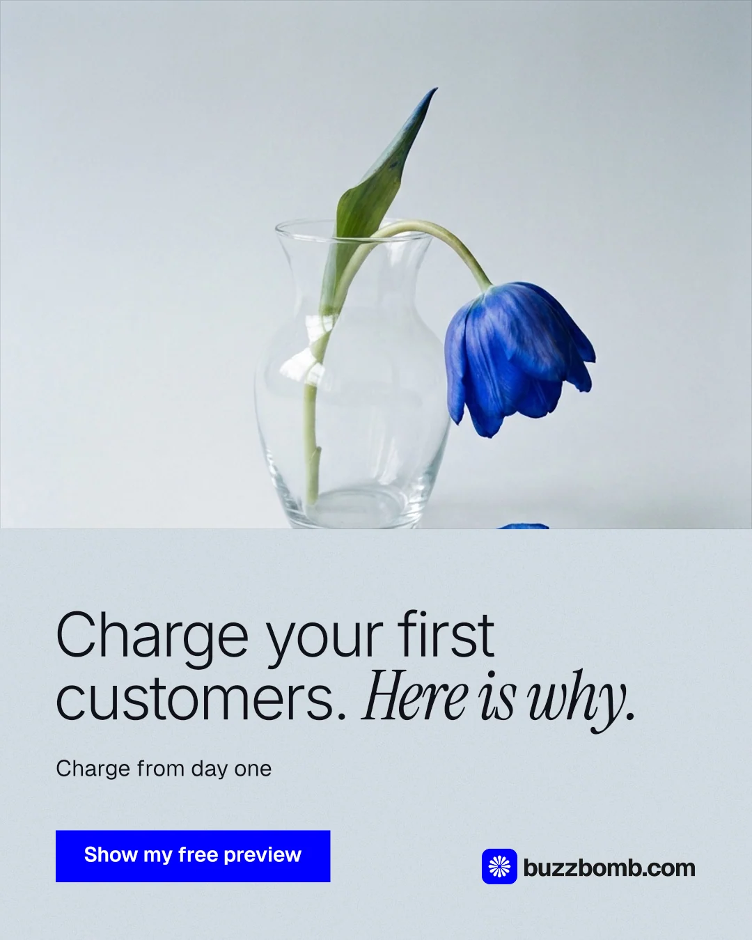 Instagram portrait post for BuzzBomb: "Charge your first customers. Here is why." Swiss style, bottom layout, light palette in white, blue.