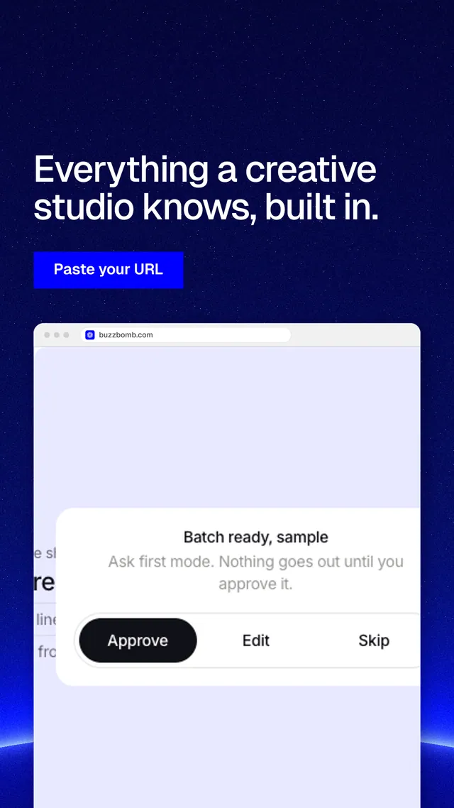 Instagram story for BuzzBomb: "Everything a creative studio knows, built in." Swiss style, browser layout, light palette in blue, white.