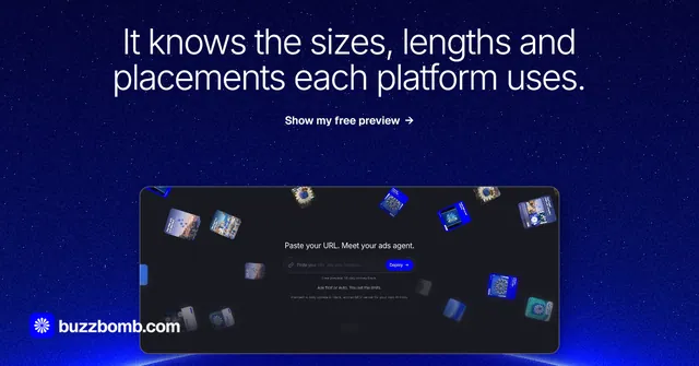 Social ad for BuzzBomb: "It knows the sizes, lengths and placements each platform uses." Swiss style, ogui layout, dark palette in blue.