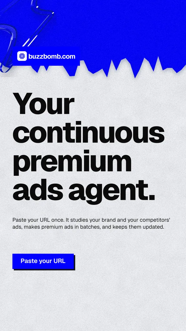 Instagram story for BuzzBomb: "Your continuous premium ads agent." Paper trio style, announce layout, light palette in white, blue, grey.