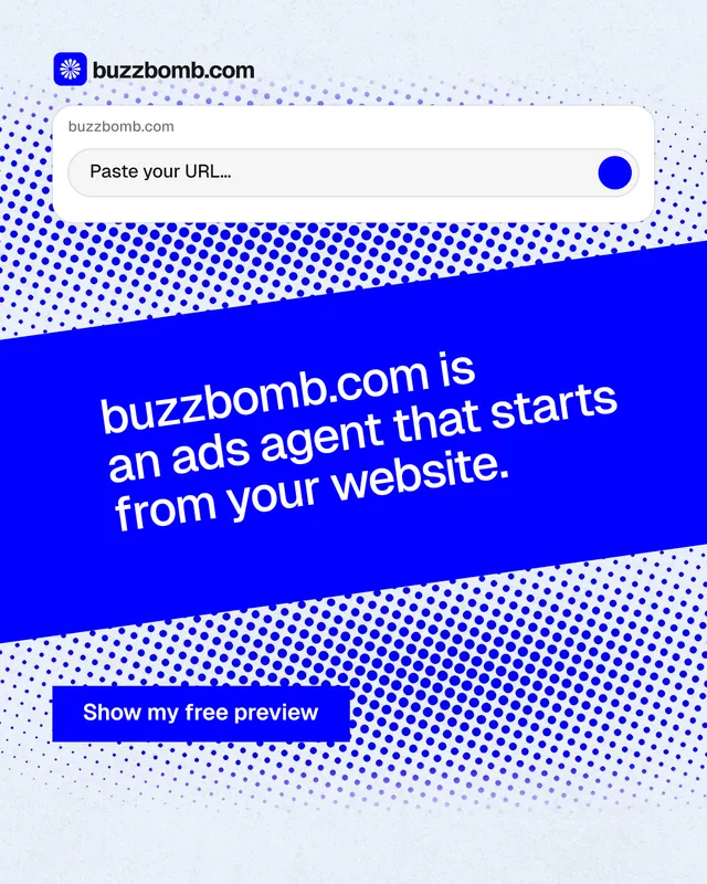Instagram portrait post for BuzzBomb: "buzzbomb.com is an ads agent that starts from your website." Swiss style, diagonal layout, light palette in blue, white.