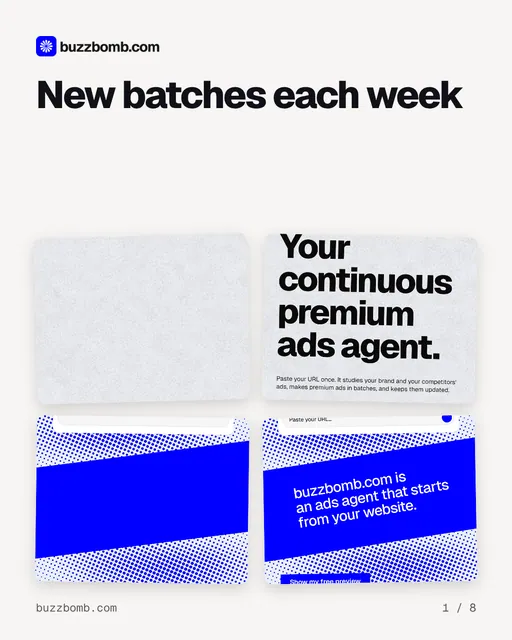 Carousel for BuzzBomb: "New batches each week". Collection carousel, 8 slides, light palette.