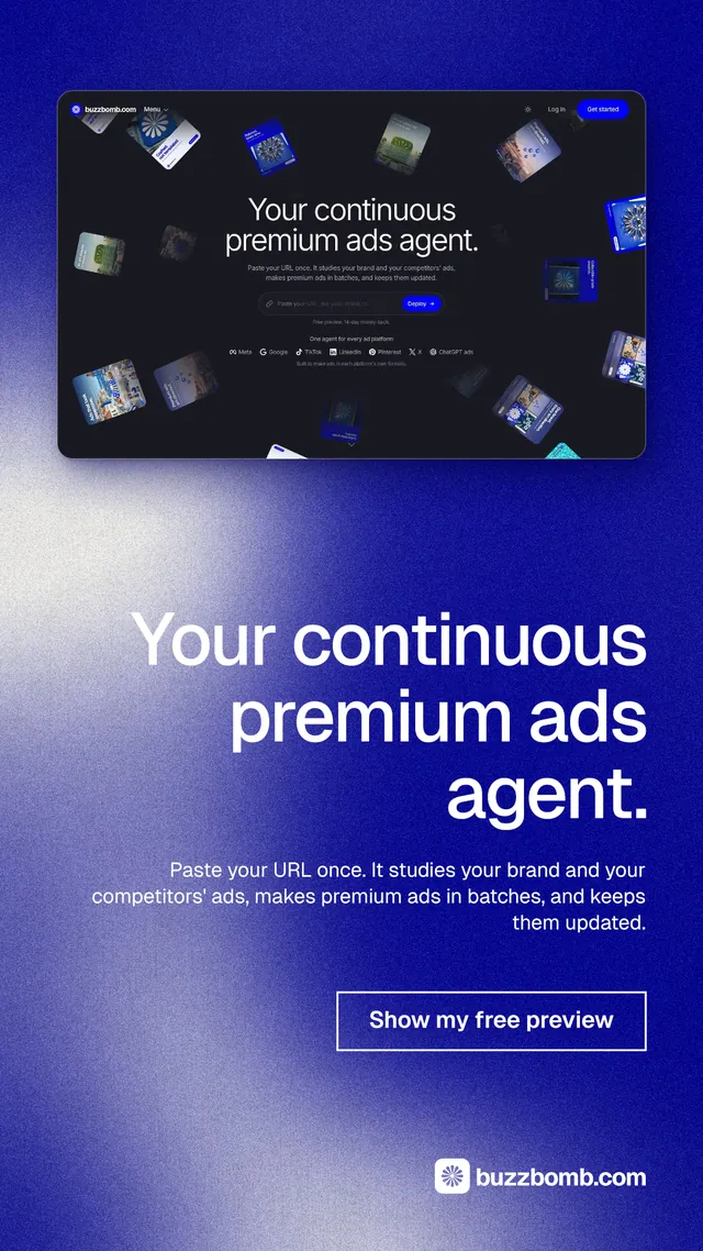 Instagram story for BuzzBomb: "Your continuous premium ads agent." Cyanotype style, right layout, dark palette in blue.