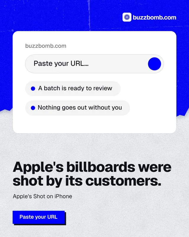 Instagram portrait post for BuzzBomb: "Apple's billboards were shot by its customers." Paper trio style, bottom layout, light palette in white, blue, grey.