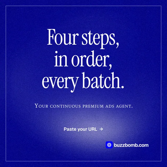 Instagram post for BuzzBomb: "Four steps, in order, every batch." Editorial style, smallcaps layout, dark palette in blue.