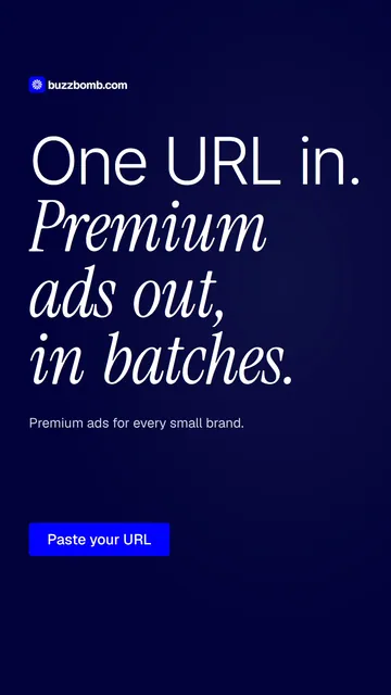 Video for BuzzBomb: "One URL in. Premium ads out, in batches.". Doc motion loop, 7.0 s, dark palette.