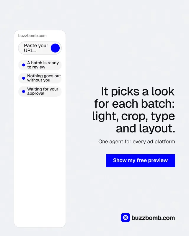 Instagram portrait post for BuzzBomb: "It picks a look for each batch: light, crop, type and layout." Swiss style, right layout, light palette in white, blue.