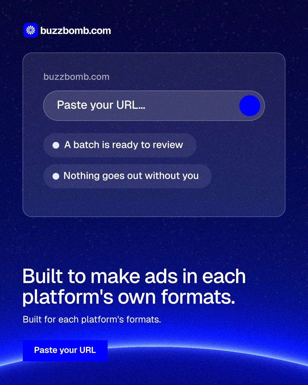 Instagram portrait post for BuzzBomb: "Built to make ads in each platform's own formats." Swiss style, bottom layout, dark palette in blue.