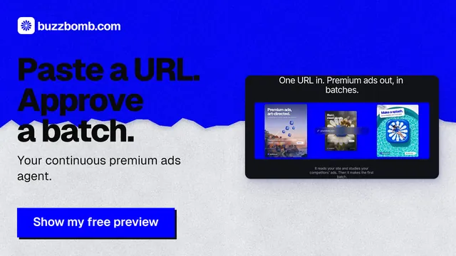 Landscape graphic for BuzzBomb: "Paste a URL. Approve a batch." Paper trio style, bottom layout, dark palette in blue, white.